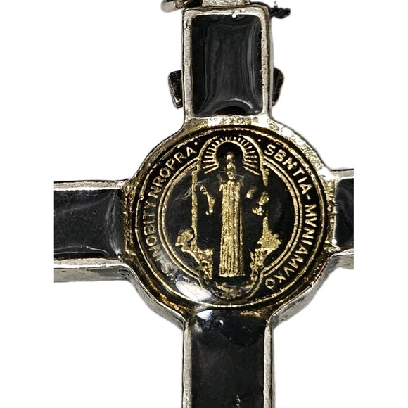 St. Benedict Crucifix Necklace Black Enamel Cross with Cord Catholic Pendant - Picture 8 of 9